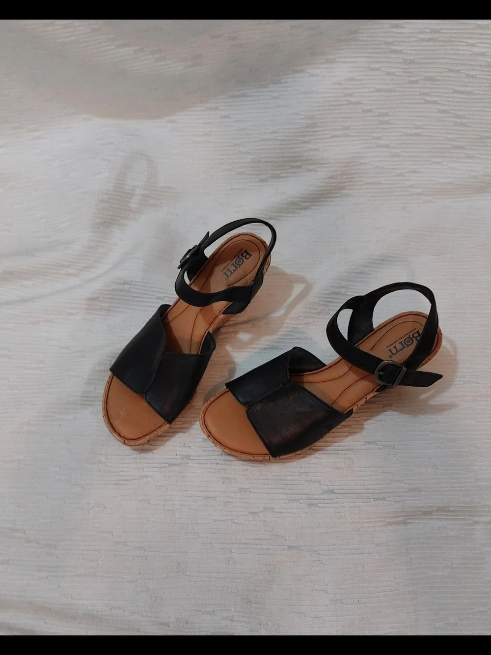 Born Black Leather Wedge Sandals with Cork Heel Women's Size 10M